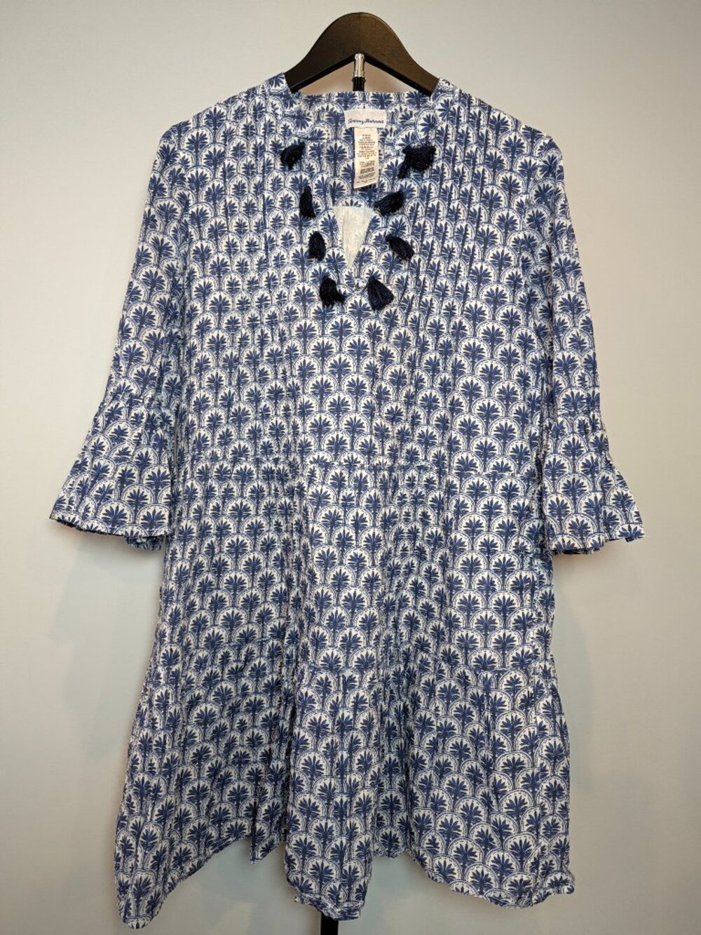 Tommy Bahama Womens Size S Shift Dress Blue White Cotton Tassel Beach Resort